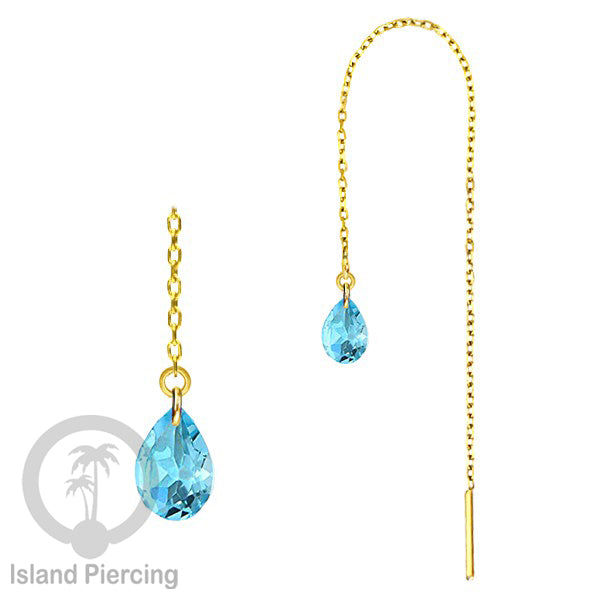 Anting Rantai Ear Threader Stainless warna gold dengan tetes Kristal Zirconia