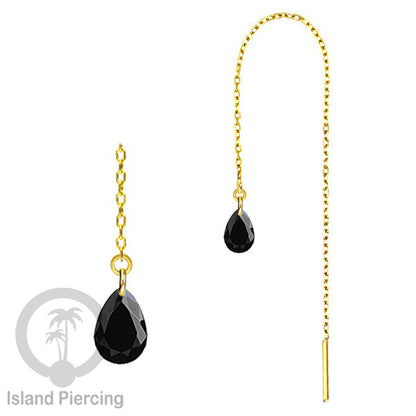 Anting Rantai Ear Threader Stainless warna gold dengan tetes Kristal Zirconia