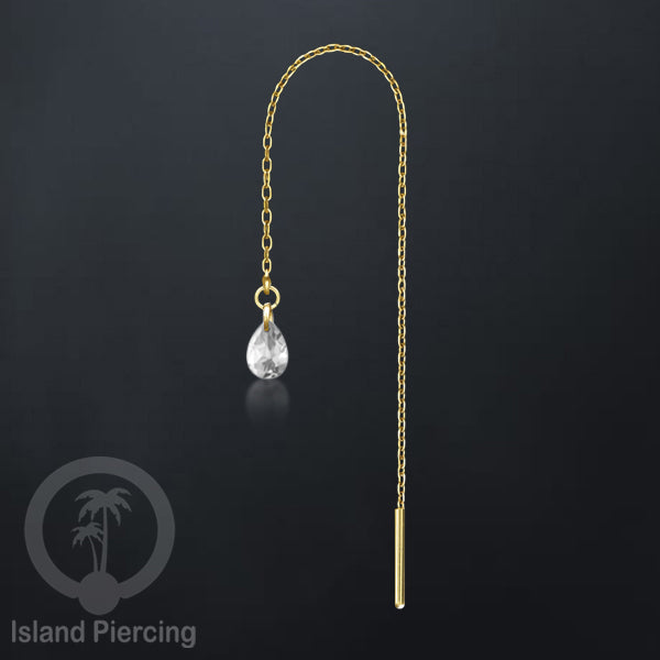 Anting Rantai Ear Threader Stainless warna gold dengan tetes Kristal Zirconia