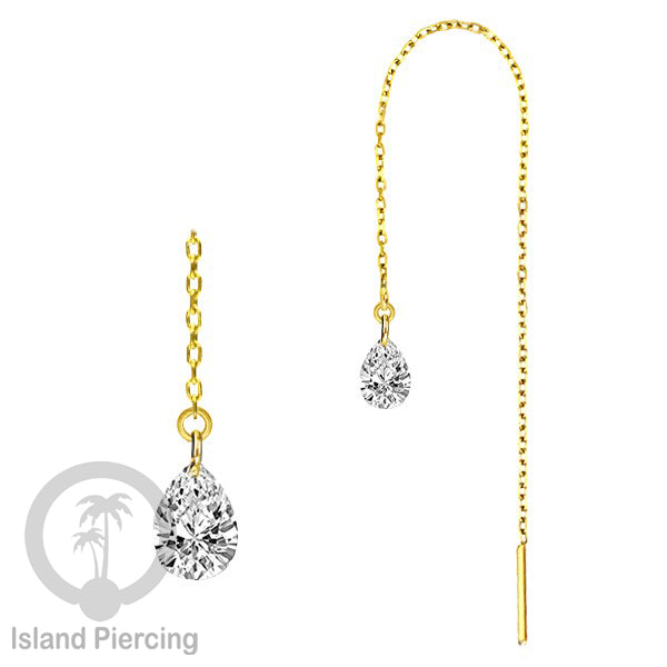 Anting Rantai Ear Threader Stainless warna gold dengan tetes Kristal Zirconia
