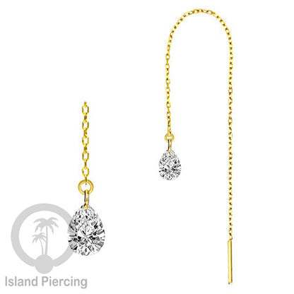 Anting Rantai Ear Threader Stainless warna gold dengan tetes Kristal Zirconia