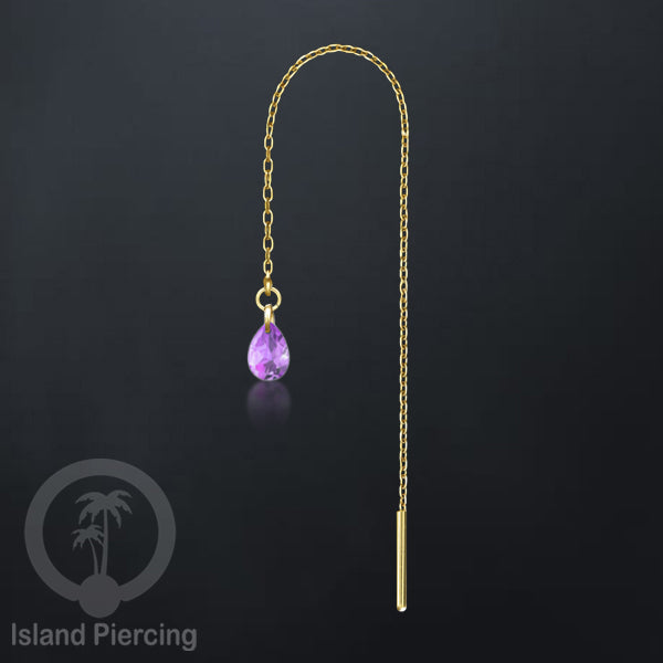 Anting Rantai Ear Threader Stainless warna gold dengan tetes Kristal Zirconia