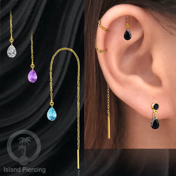 Anting Rantai Ear Threader Stainless warna gold dengan tetes Kristal Zirconia