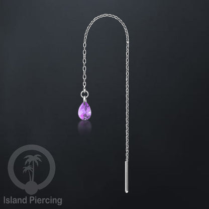 Anting Rantai Ear Threader Stainless warna silver dengan tetes Kristal Zirconia