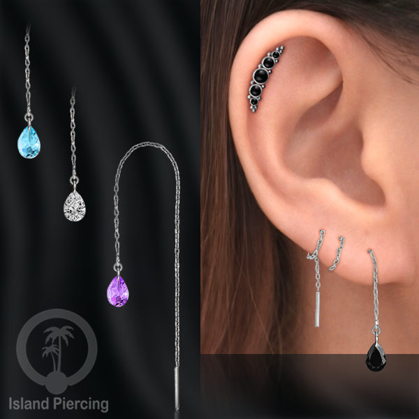 Anting Rantai Ear Threader Stainless warna silver dengan tetes Kristal Zirconia