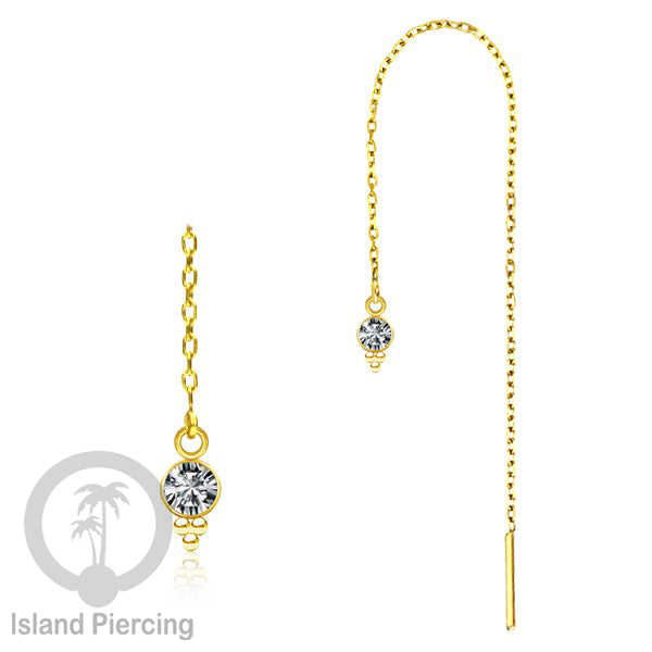 Anting Rantai Ear Threader Stainless warna gold dengan Kristal Zircon dan Mutiara Asli