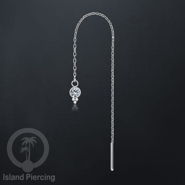 Anting Rantai Ear Threader Stainless warna silver dengan Kristal Zircon dan Mutiara Asli