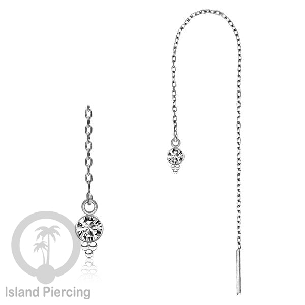 Anting Rantai Ear Threader Stainless warna silver dengan Kristal Zircon dan Mutiara Asli