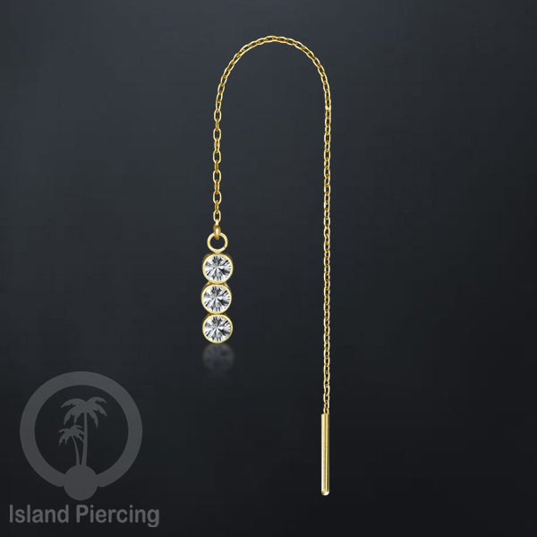 Anting Rantai Ear Threader Stainless warna gold dengan Kristal Zircon dan Mutiara Asli