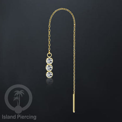 Anting Rantai Ear Threader Stainless warna gold dengan Kristal Zircon dan Mutiara Asli