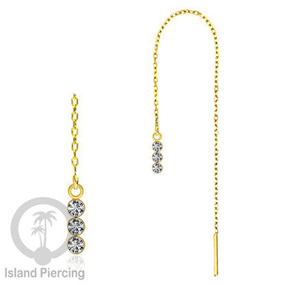 Anting Rantai Ear Threader Stainless warna gold dengan Kristal Zircon dan Mutiara Asli