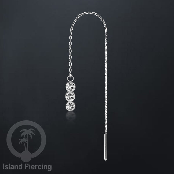 Anting Rantai Ear Threader Stainless warna silver dengan Kristal Zircon dan Mutiara Asli
