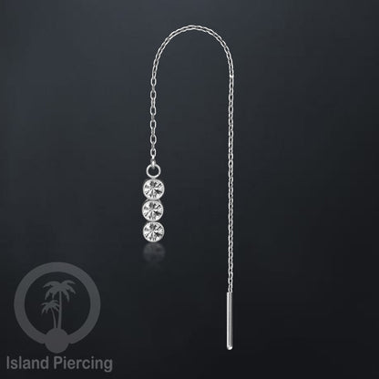Anting Rantai Ear Threader Stainless warna silver dengan Kristal Zircon dan Mutiara Asli