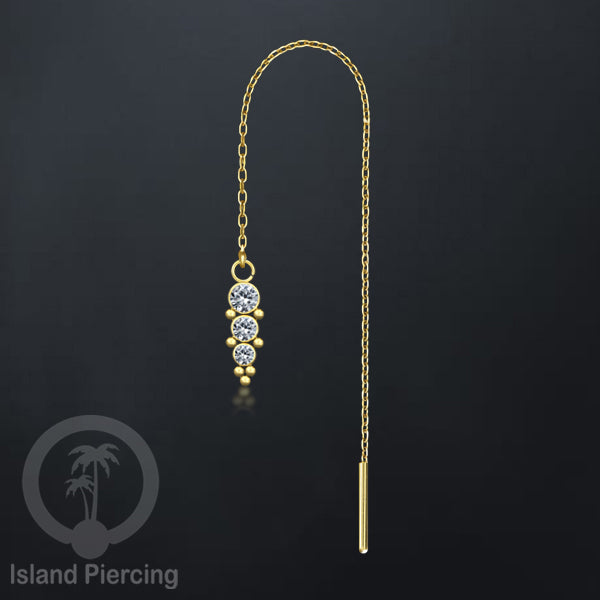 Anting Rantai Ear Threader Stainless warna gold dengan Kristal Zircon dan Mutiara Asli