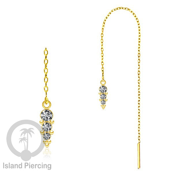 Anting Rantai Ear Threader Stainless warna gold dengan Kristal Zircon dan Mutiara Asli