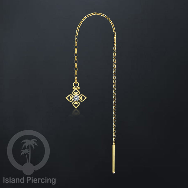 Anting Rantai Ear Threader Stainless warna gold dengan Kristal Zircon dan Mutiara Asli