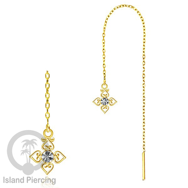 Anting Rantai Ear Threader Stainless warna gold dengan Kristal Zircon dan Mutiara Asli