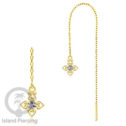 Anting Rantai Ear Threader Stainless warna gold dengan Kristal Zircon dan Mutiara Asli