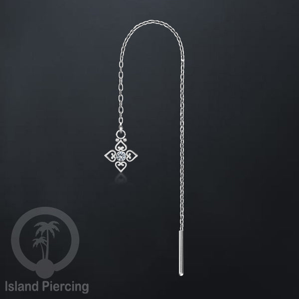 Anting Rantai Ear Threader Stainless warna silver dengan Kristal Zircon dan Mutiara Asli