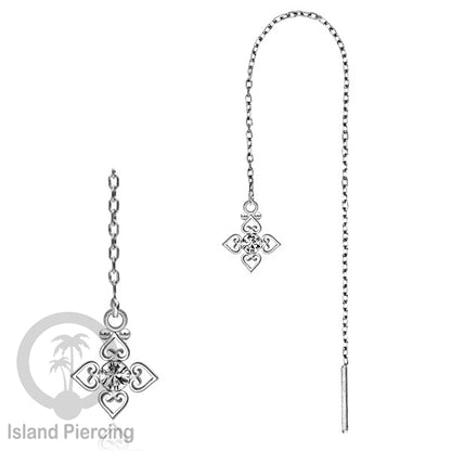 Anting Rantai Ear Threader Stainless warna silver dengan Kristal Zircon dan Mutiara Asli