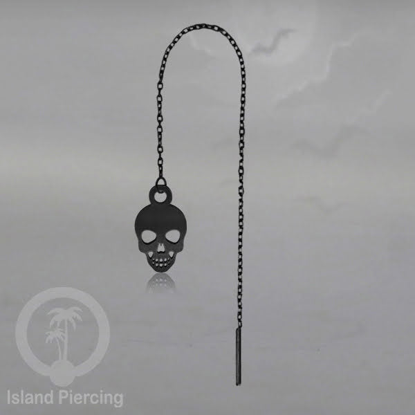 Anting Ear Threader Stainless warna hitam dengan model Halloween yang unik, Tengkorak, Peti