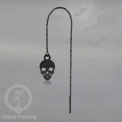Anting Ear Threader Stainless warna hitam dengan model Halloween yang unik, Tengkorak, Peti