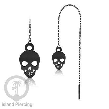 Anting Ear Threader Stainless warna hitam dengan model Halloween yang unik, Tengkorak, Peti
