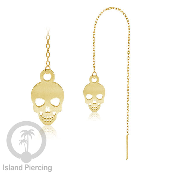 Anting Ear Threader Stainless warna gold dengan model Halloween yang unik, Tengkorak, Peti