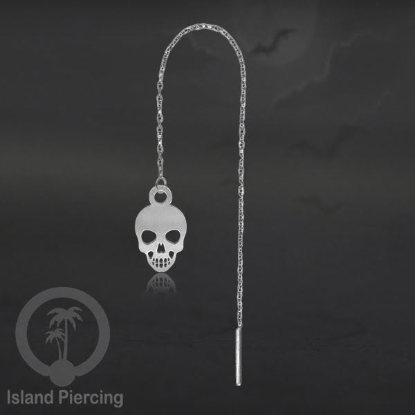 Anting Ear Threader Stainless warna silver dengan model Halloween yang unik, Tengkorak, Peti