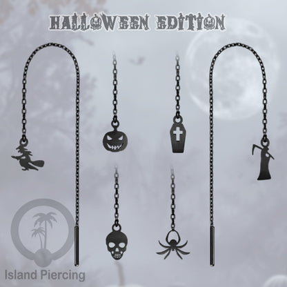 Black stainless steel ear threader earrings with unique Halloween designs, Skull, Coffin