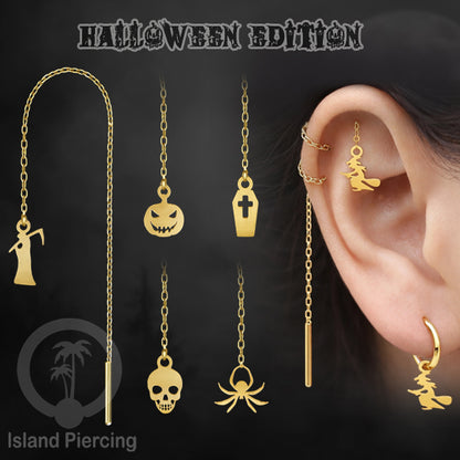 Anting Ear Threader Stainless warna gold dengan model Halloween yang unik, Tengkorak, Peti
