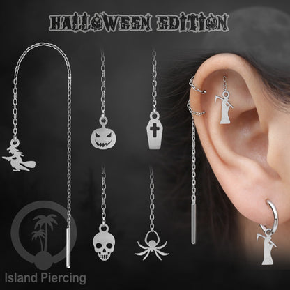 Anting Ear Threader Stainless warna silver dengan model Halloween yang unik, Tengkorak, Peti