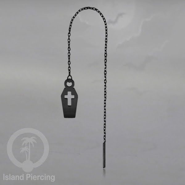 Anting Ear Threader Stainless warna hitam dengan model Halloween yang unik, Tengkorak, Peti