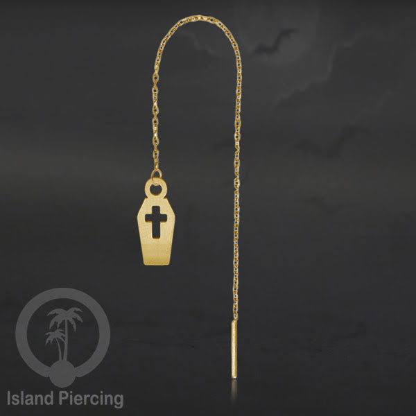 Anting Ear Threader Stainless warna gold dengan model Halloween yang unik, Tengkorak, Peti