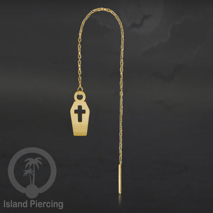Anting Ear Threader Stainless warna gold dengan model Halloween yang unik, Tengkorak, Peti