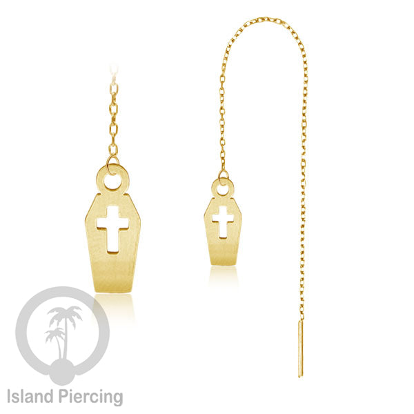 Anting Ear Threader Stainless warna gold dengan model Halloween yang unik, Tengkorak, Peti