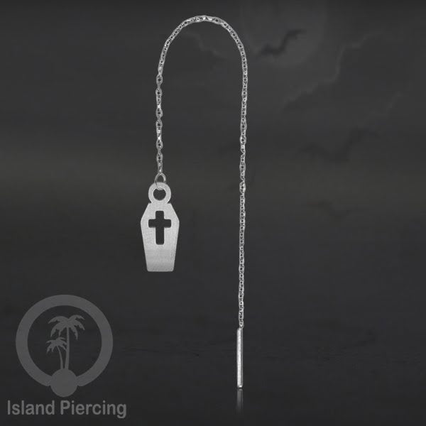 Anting Ear Threader Stainless warna silver dengan model Halloween yang unik, Tengkorak, Peti