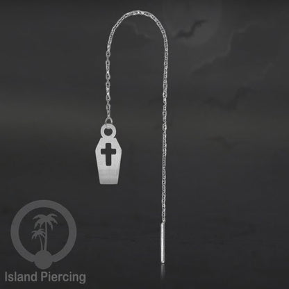 Anting Ear Threader Stainless warna silver dengan model Halloween yang unik, Tengkorak, Peti