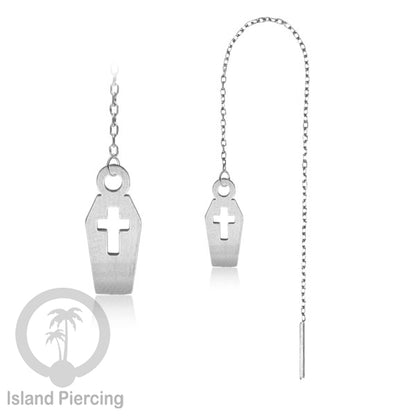 Anting Ear Threader Stainless warna silver dengan model Halloween yang unik, Tengkorak, Peti