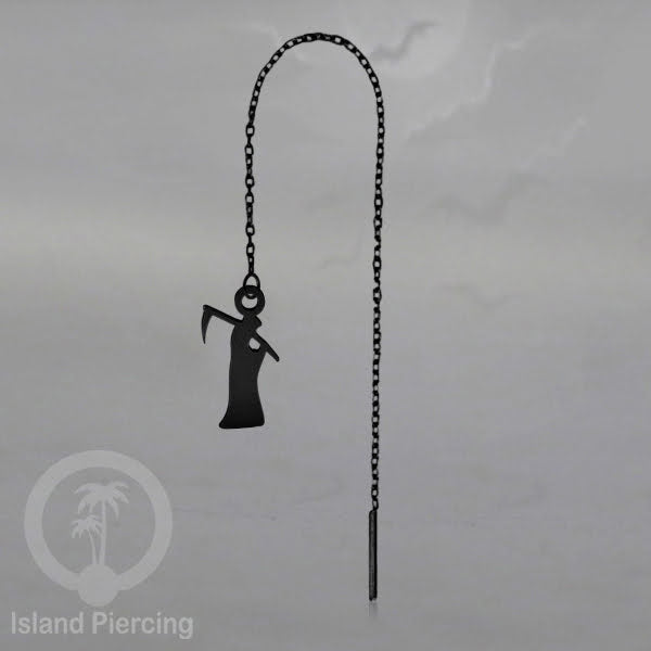 Anting Ear Threader Stainless warna hitam dengan model Halloween yang unik, Tengkorak, Peti