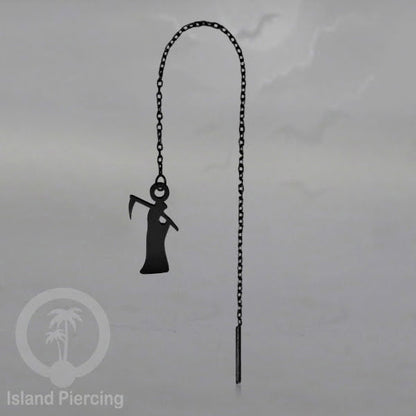 Anting Ear Threader Stainless warna hitam dengan model Halloween yang unik, Tengkorak, Peti