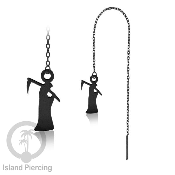 Anting Ear Threader Stainless warna hitam dengan model Halloween yang unik, Tengkorak, Peti