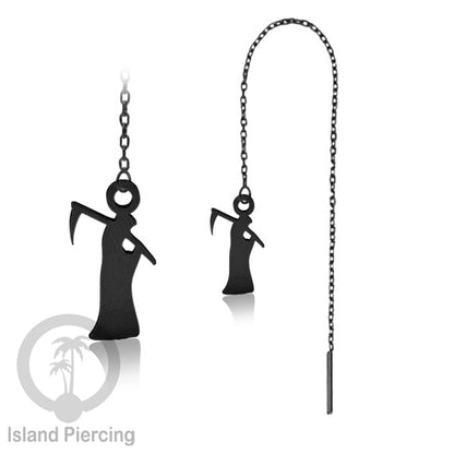 Anting Ear Threader Stainless warna hitam dengan model Halloween yang unik, Tengkorak, Peti