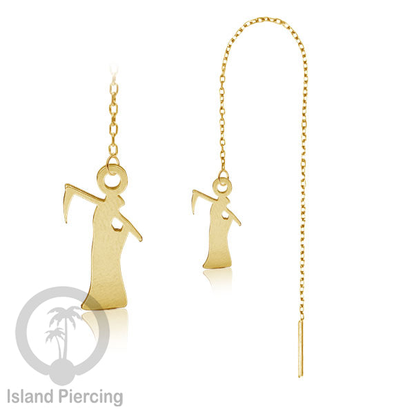 Anting Ear Threader Stainless warna gold dengan model Halloween yang unik, Tengkorak, Peti