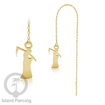 Anting Ear Threader Stainless warna gold dengan model Halloween yang unik, Tengkorak, Peti