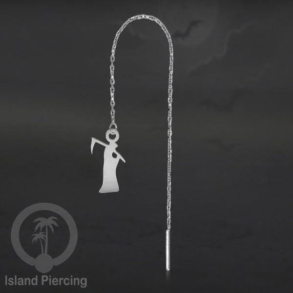 Anting Ear Threader Stainless warna silver dengan model Halloween yang unik, Tengkorak, Peti