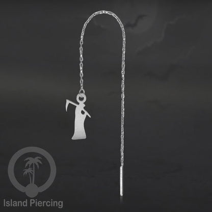 Anting Ear Threader Stainless warna silver dengan model Halloween yang unik, Tengkorak, Peti