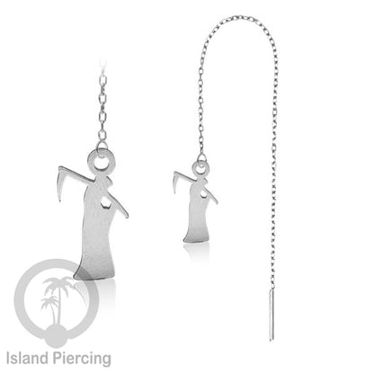 Anting Ear Threader Stainless warna silver dengan model Halloween yang unik, Tengkorak, Peti