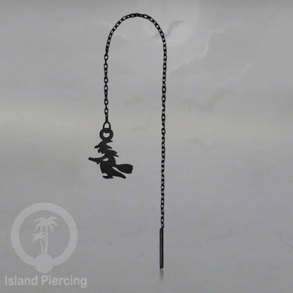 Anting Ear Threader Stainless warna hitam dengan model Halloween yang unik, Tengkorak, Peti