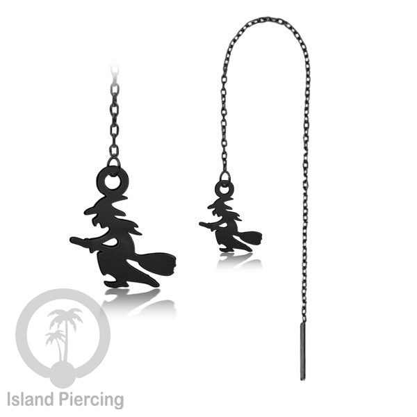 Anting Ear Threader Stainless warna hitam dengan model Halloween yang unik, Tengkorak, Peti